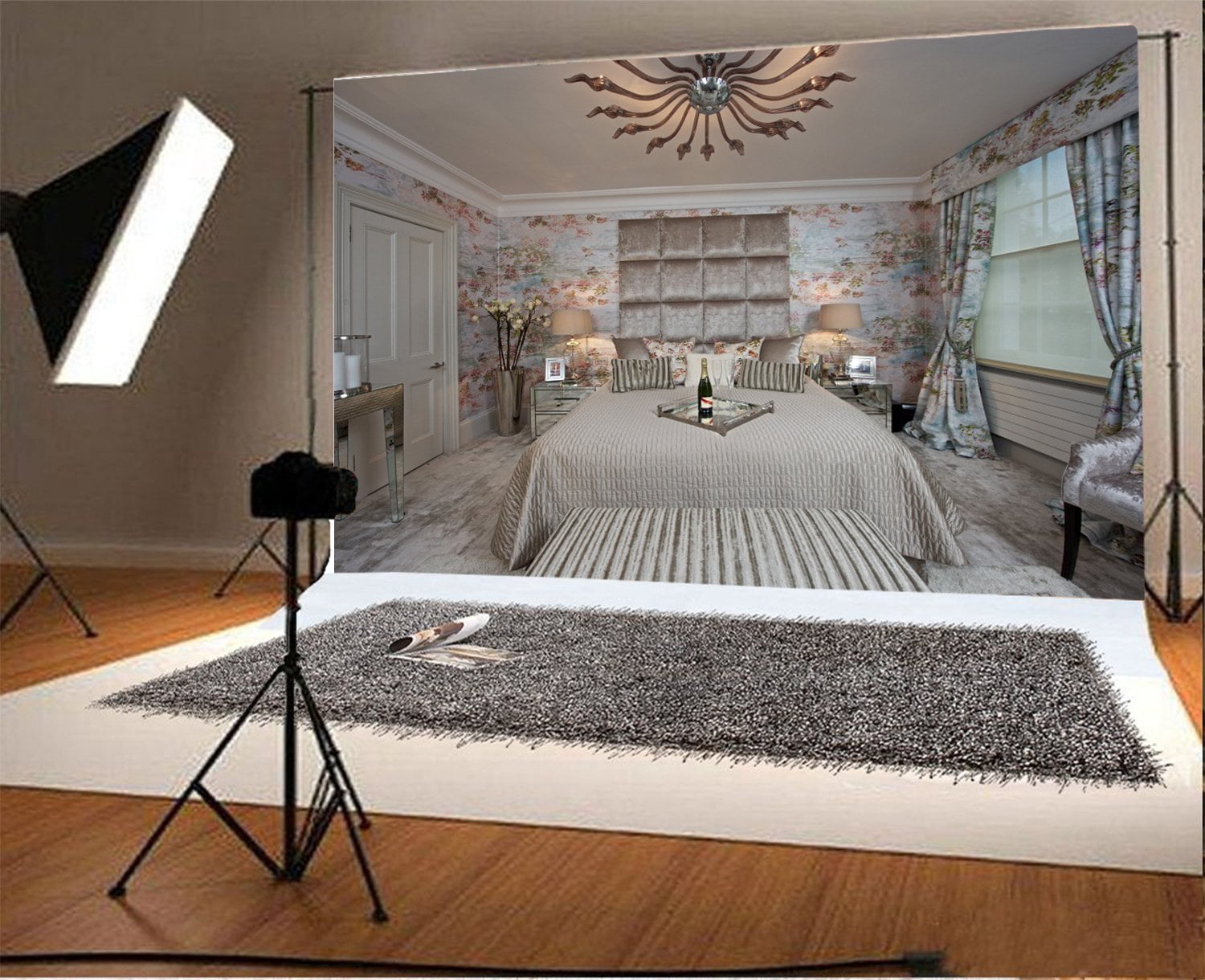 GreenDecor 7x5ft Bedroom Backdrop Interior Droplight Retro Flowers ...