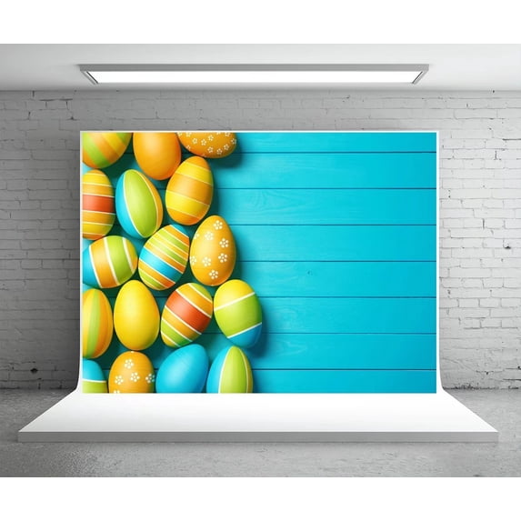 GreenDecor 7x5ft Blue Easter Day Photography Background Blue Wood with Colorful Eggs Backdrops Background for Parties Booth Prop