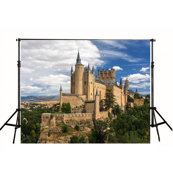 GreenDecor 7x5ft Blue Sky and Clouds Castle Photography Backdrop Green tree Photo Background