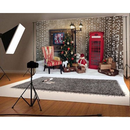 GreenDecor 7x5ft Christmas Photography Backdrop Tree Decorations Snow Ground Snowman Chair Gift Box Red Telephone Booth Lamp Scene Photo Background Children Baby Adults Portraits Backdrop