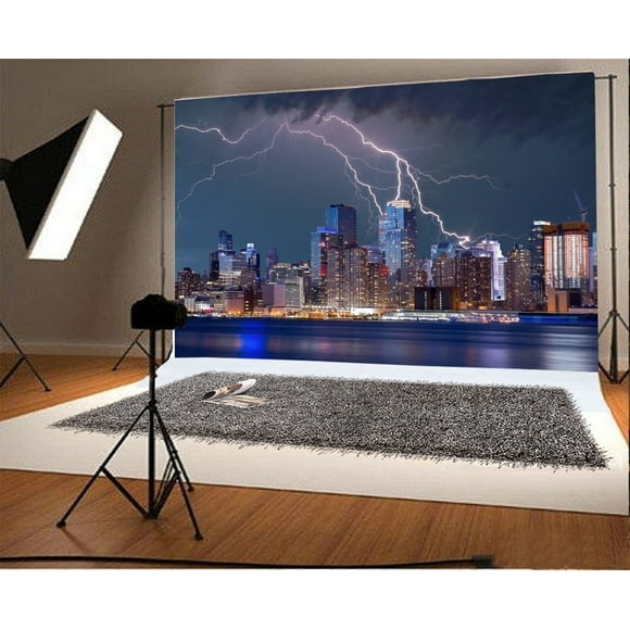 GreenDecor 7x5ft Cityscape Backdrop Seaside Shining Lights Lightning Modern Building Dark Cloud Night View Romantic Photography Background Kids Adults Photo Studio Props