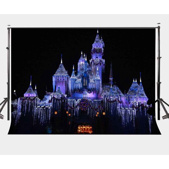 GreenDecor 7x5ft Dreamy Castle Backdrop Purple lights Castle in the Dark Night Photography Background Night View Photo Video Studio Props