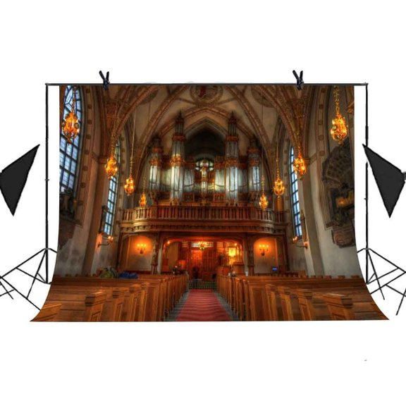 GreenDecor 7x5ft European Architecture Backdrop European Architecture Church Light Wooden Chair Picture Wedding Photography Studio Props Curtain Party Background