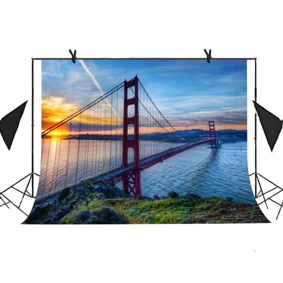 GreenDecor 7x5ft Famous Buildings Backdrop Golden Gate Bridge Sunset River Water Background Photo Booth Studio Props Party Curtain Background