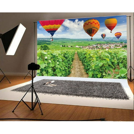 GreenDecor 7x5ft Farmland Backdrop Colorful Hot Air Balloons Champagne Vineyards France Field Blue Sky White Clouds Travel Photography Background Kids Adults Photo Studio Props