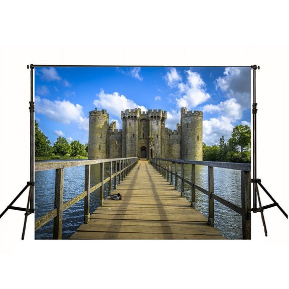GreenDecor 7x5ft Grey Long Wood Bridge Castle Photography Backdrop Blue Sky Photo Background