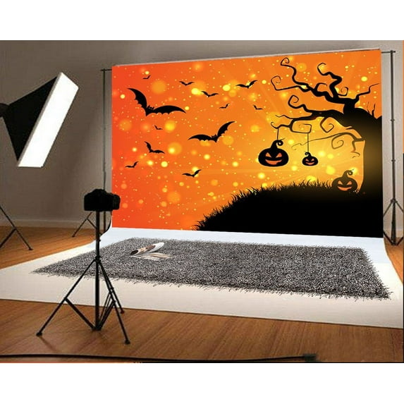 GreenDecor 7x5ft Halloween Photo Backgrounds Pumpkin Face Bat Photography Backdrops