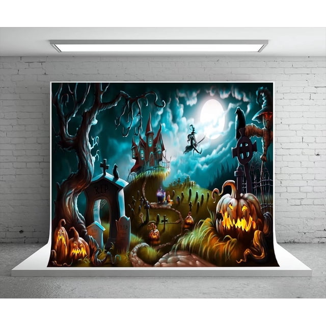 7x5 FT Halloween Photography Backdrop - Castle, Bat & Pumpkin Scene, Vinyl Background