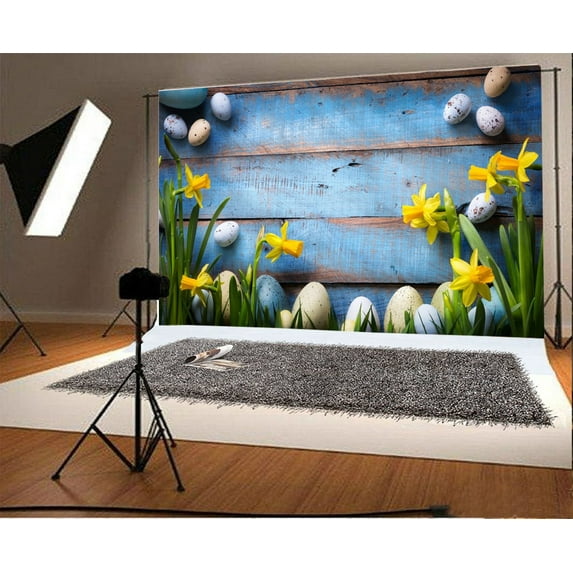 GreenDecor 7x5ft Happy Easter Backdrop Painted Eggs Fresh Yellow Flowers Green Leaves Blue Paint Stripes Wood Plank Spring Photography Background Kids Adults Photo Studio Props