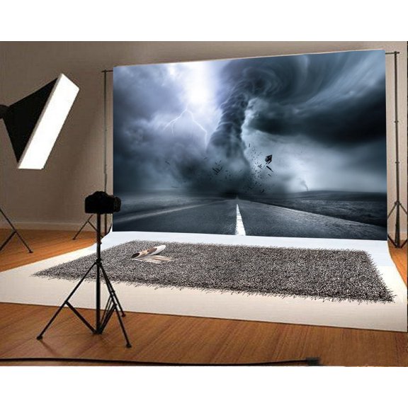 GreenDecor 7x5ft Lightning Tornado Backdrop Nature Landscape Highway White Cloud Ruined Photography Background Kids Children Adults Photo Studio Props