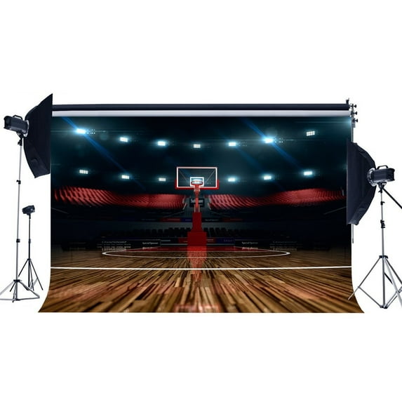 GreenDecor 7x5ft Photography Backdrop Basketball Field Stage Lights Vintage Wood Floor Interior Sports Theme Backdrops for Baby Kids Children Adults Portraits Background Photo Studio Props