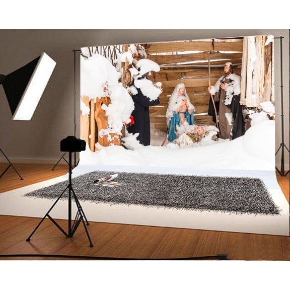 GreenDecor 7x5ft Photography Backdrop Birth of Jesus Barn Snow Covered Landscape Rustic Wood Plank Christmas Photo Background Children Baby Adults Portraits Backdrop