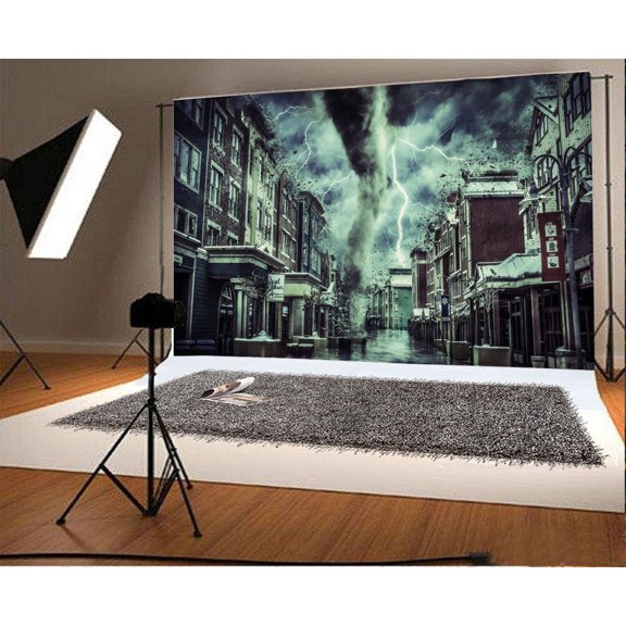 GreenDecor 7x5ft Photography Backdrop Cartoon Urban Tornado Lightning European Building Street Scene Background Kids Children Adults Photo Studio Props
