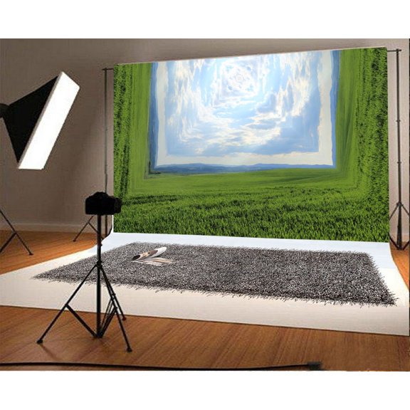 GreenDecor 7x5ft Photography Backdrop Future Spring Season Creative 3D Green Field Blue Sky White Clouds Scene Photo Background Children Baby Adults Portraits Backdrop