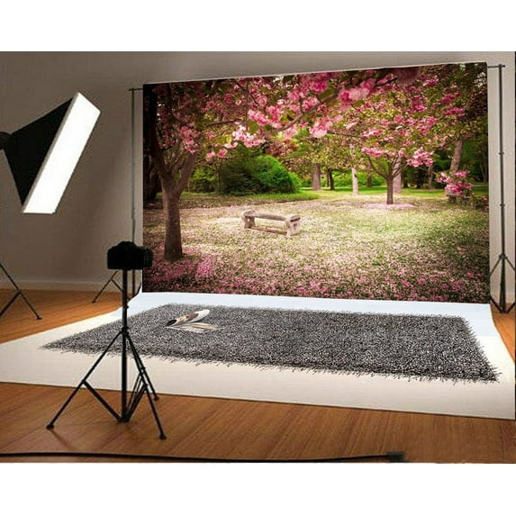GreenDecor 7x5ft Photography Backdrop Valentine's Day Rustic Cherry Blossom Wood Chair Trees Nature Wedding Background Baby Girl Lover Photo Studio Props