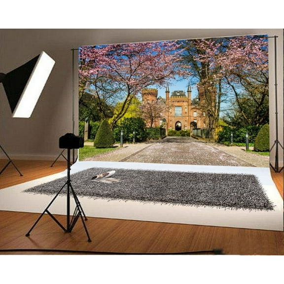 GreenDecor 7x5ft Photography Background Pink Cherry Tree Blossoms Covered The Road Campus Famous Travel Backdrops Portraits Shooting Video Studio Props