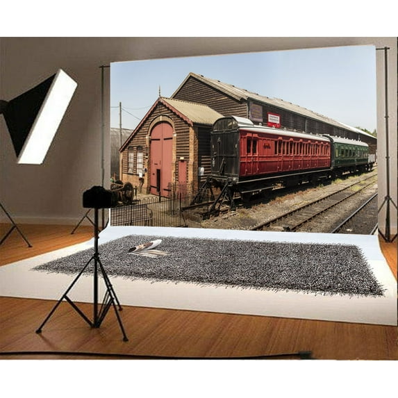 GreenDecor 7x5ft Ruined Train Backdrop Rustic Wood House Railroad Tracks Nature Landscape Travel Photography Background Kids Children Adults Photo Studio Props