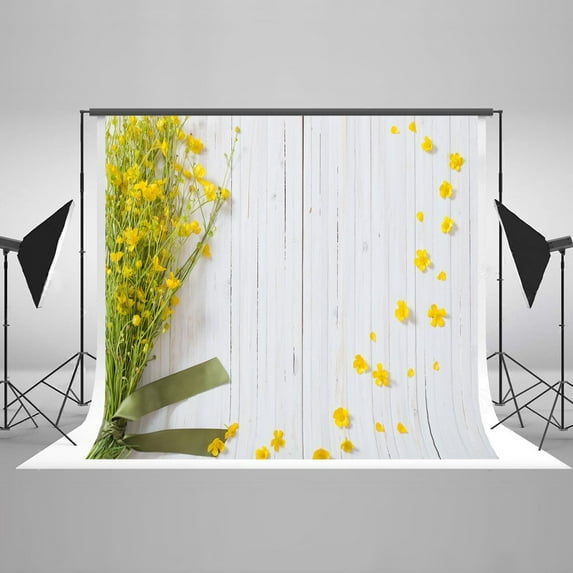 GreenDecor 7x5ft Spring Yellow Flower Photography Backdrop White Wood Wall Photo Studio Background