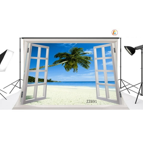 GreenDecor 7x5ft Tropical Beach Out of the Window Scenery Photography Backdrop Studio Background Photo Backdrops Studio Props