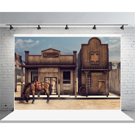 GreenDecor 7x5ft Vintage Bank Backdrop Old-fashioned Wooden House Retro Cabin Horse Photography Background Adult Boy Many Artistic Portrait Photo Shoot Studio Props Video Drop
