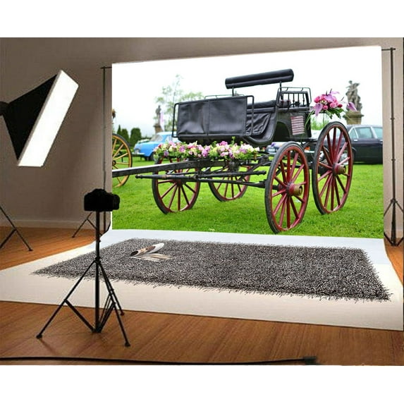 GreenDecor 7x5ft Wedding Backdrop Vintage Car Fresh Rose Flowers Green Grass Lawn Spring Outdoor Party Photography Background Kids Adults Photo Studio Props