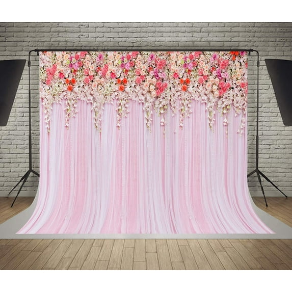 GreenDecor 7x5ft Wedding Ceremony Photo Backdrops Colorful Flowers Pink Lace Curtain Photography Background Photo Booth Background and