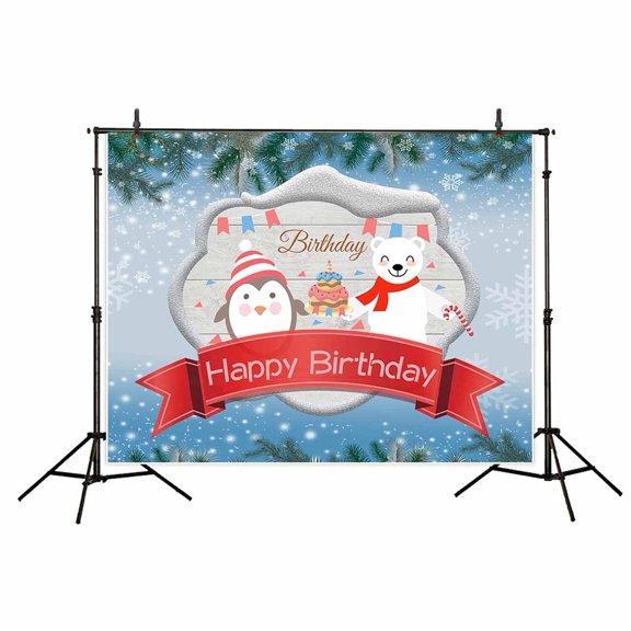 GreenDecor 7x5ft Winter Happy Birthday Photography Backdrop Penguin Polar Bear Christmas Backdrops for Babies Photo Studio Background