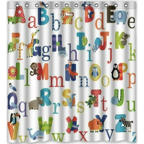 GreenDecor Abc Alphabet Waterproof Shower Curtain Set with Hooks Bathroom Accessories Size 66x72 inches