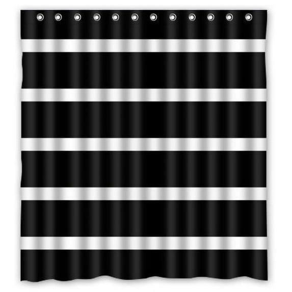 GreenDecor Abstract Horizontal Black And White Stripes Lines Waterproof Shower Curtain Set with Hooks Bathroom Accessories Size 66x72 inches