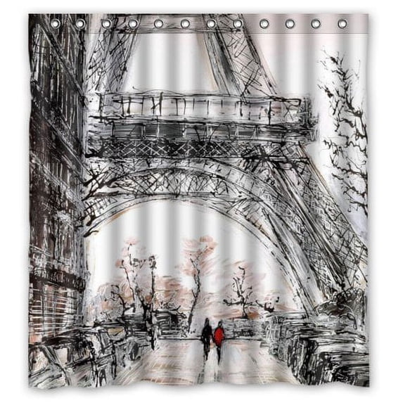 GreenDecor Abstract Watercolor Vintage Paris Eiffel Tower Art Waterproof Shower Curtain Set with Hooks Bathroom Accessories Size 66x72 inches