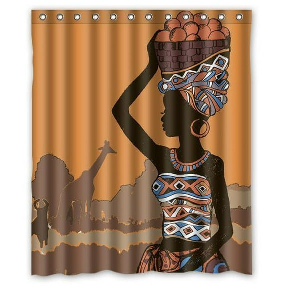 GreenDecor African Women Head Holding Stean Waterproof Shower Curtain Set with Hooks Bathroom Accessories Size 60x72 inches