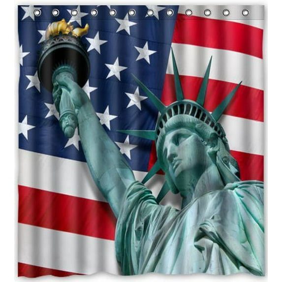 GreenDecor American Flag And Statue Of Liberty Waterproof Shower Curtain Set with Hooks Bathroom Accessories Size 66x72 inches