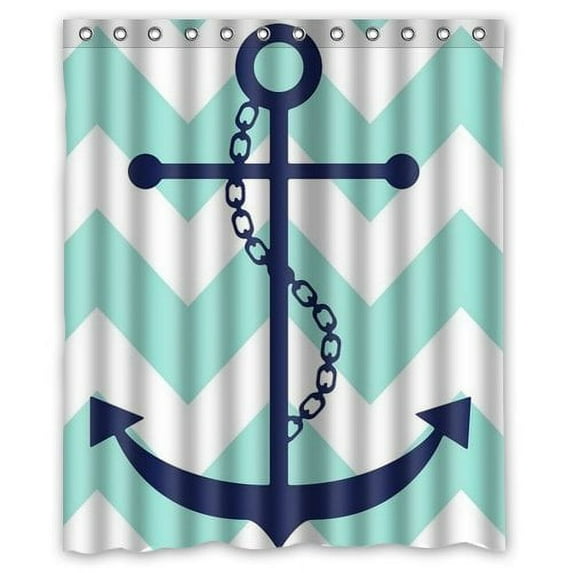 GreenDecor Anchor Chevron Waterproof Shower Curtain Set with Hooks Bathroom Accessories Size 60x72 inches