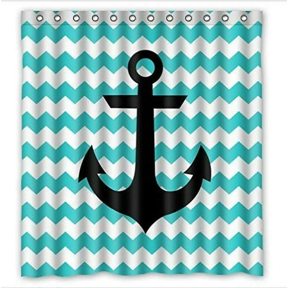 GreenDecor Anchor Style Turquoise White Chevron Anchor Waterproof Shower Curtain Set with Hooks Bathroom Accessories Size 66x72 inches