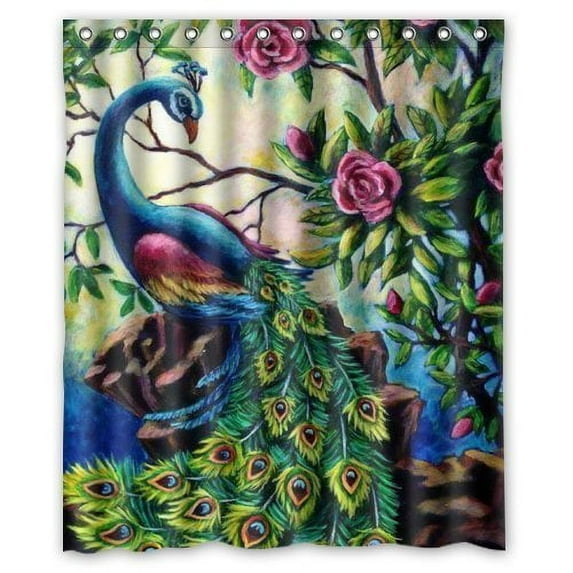 GreenDecor Artistic Graceful Peacock Waterproof Shower Curtain Set with Hooks Bathroom Accessories Size 60x72 inches