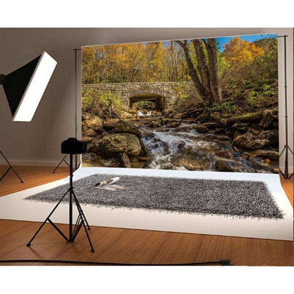GreenDecor Autumn Fall Backdrop 7x5ft Photography Background Bridge Steam Stones Valley Trees Nature Scenery Children Baby Kids Photos Video Studio Props
