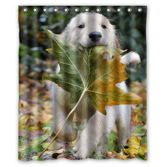 GreenDecor Autumn Golden Retriever Leaves Waterproof Shower Curtain Set with Hooks Bathroom Accessories Size 60x72 inches