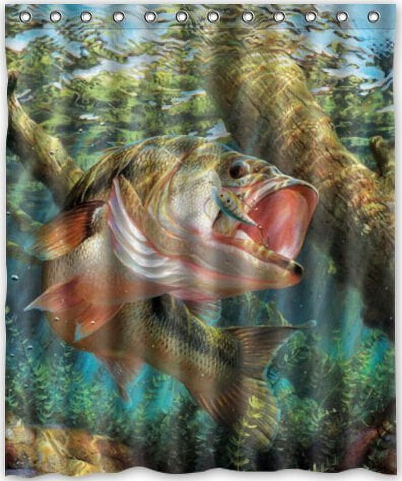 bass fish bathroom accessories GreenDecor Bass Fish Jumping Hook Waterproof Shower Curtain Set with Hooks  Bathroom Accessories Size 60x72 inches