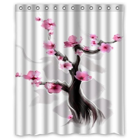 GreenDecor Beautiful Cherry Blossom Tree Japan Cherry Blossom Art Waterproof Shower Curtain Set with Hooks Bathroom Accessories Size 60x72 inches