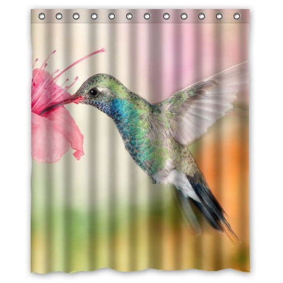 GreenDecor Beautiful Hummingbird With Flowers Waterproof Shower Curtain Set with Hooks Bathroom Accessories Size 60x72 inches
