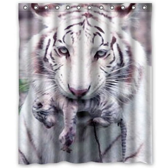 GreenDecor Bengal Tiger Blue Eyed Royal White Waterproof Shower Curtain Set with Hooks Bathroom Accessories Size 60x72 inches