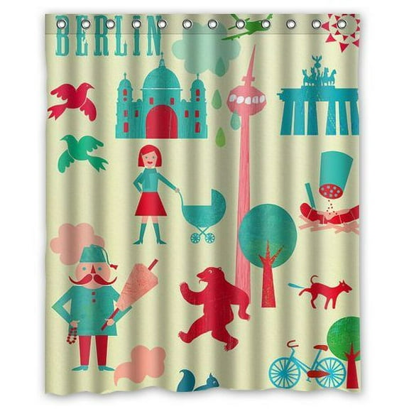 GreenDecor Berlin Map Funky Bright Waterproof Shower Curtain Set with Hooks Bathroom Accessories Size 60x72 inches