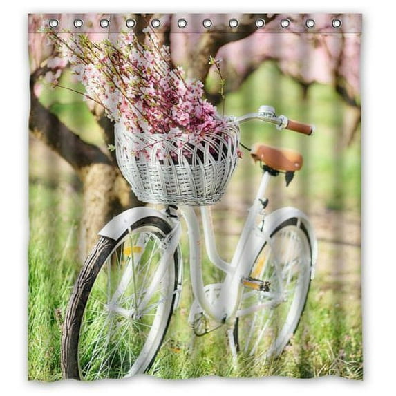 GreenDecor Bicycle And Flower Under The Cherry Trees Vintage Bike Waterproof Shower Curtain Set with Hooks Bathroom Accessories Size 66x72 inches
