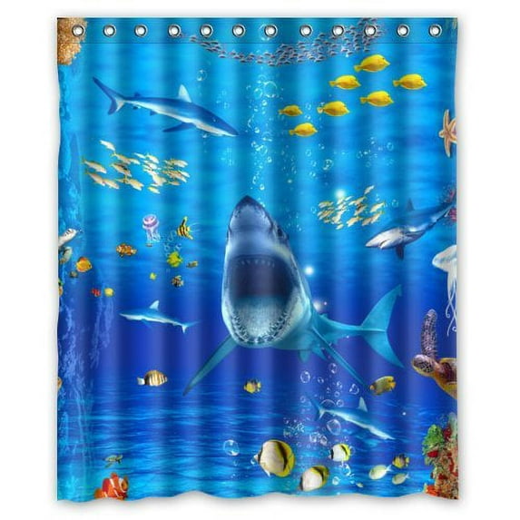 GreenDecor Big White Shark Deep In The Underwater World Waterproof Shower Curtain Set with Hooks Bathroom Accessories Size 60x72 inches