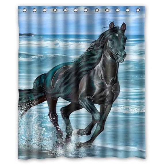 GreenDecor Black Horse Running On The Beach Waterproof Shower Curtain Set with Hooks Bathroom Accessories Size 60x72 inches