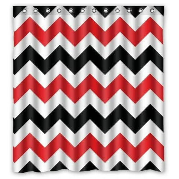 GreenDecor Black Red Chevron Waterproof Shower Curtain Set with Hooks Bathroom Accessories Size 66x72 inches