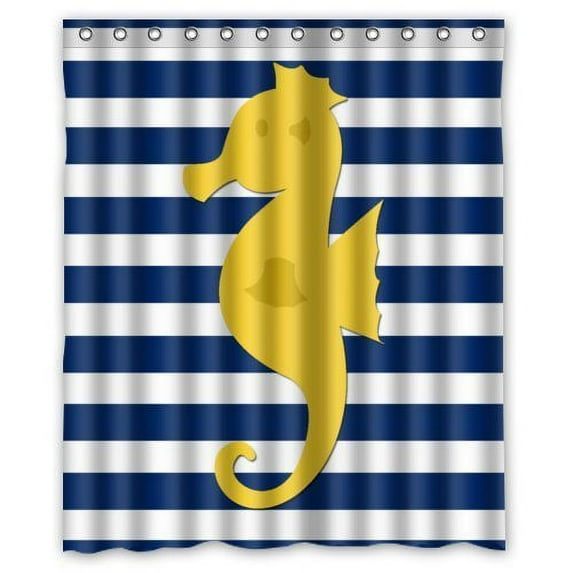 GreenDecor Blue Yellow Horizontal Stripe Seahorse Waterproof Shower Curtain Set with Hooks Bathroom Accessories Size 60x72 inches