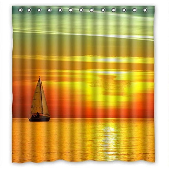 GreenDecor Boat Sail On Peaceful Sea Bird On Orange Green Sky Waterproof Shower Curtain Set with Hooks Bathroom Accessories Size 66x72 inches