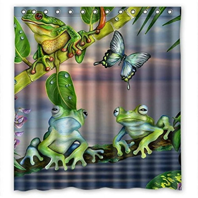 GreenDecor Butterfly Frog Green Leaves Waterproof Shower Curtain Set with  Hooks Bathroom Accessories Size 66x72 inches 