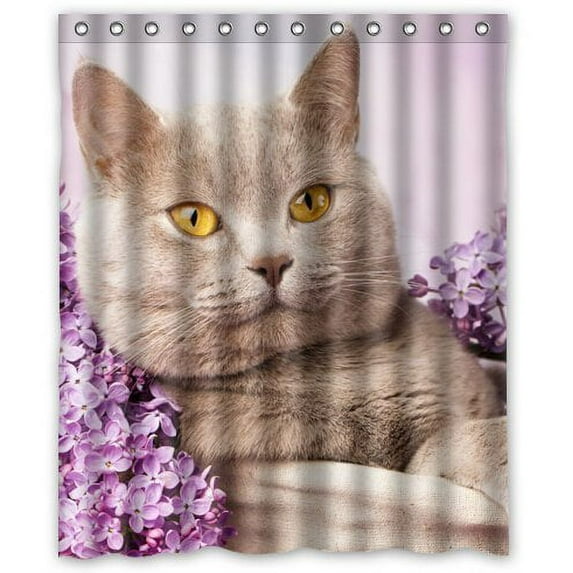 GreenDecor Cats Lilac Glance Animals Waterproof Shower Curtain Set with Hooks Bathroom Accessories Size 60x72 inches